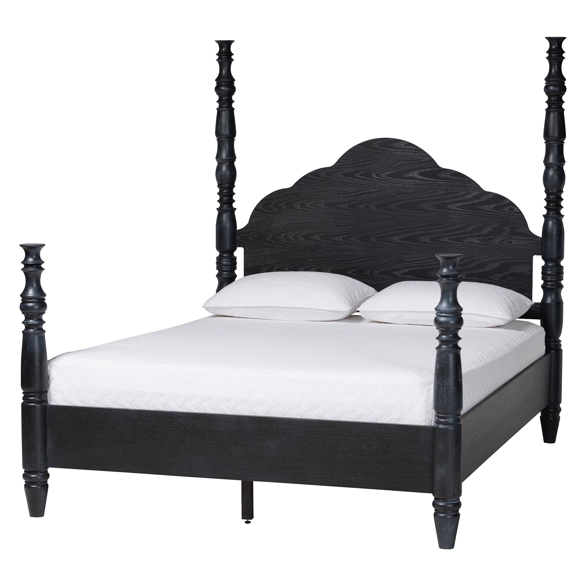 Martino Four-Poster Platform Bed - Sculpted Post Bed Frame with Panel Headboard, Vintage Spindle Bed, Black, Queen
