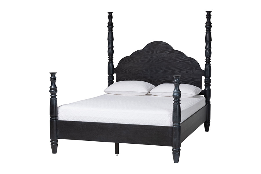 Martino Four-Poster Platform Bed - Sculpted Post Bed Frame with Panel Headboard, Vintage Spindle Bed, Black, Queen