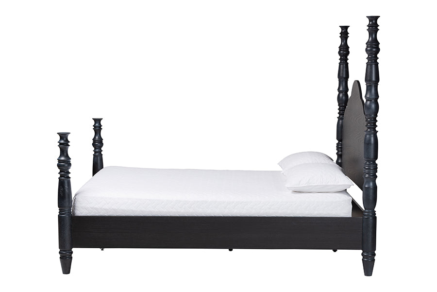 Martino Four-Poster Platform Bed - Sculpted Post Bed Frame with Panel Headboard, Vintage Spindle Bed, Black, Queen