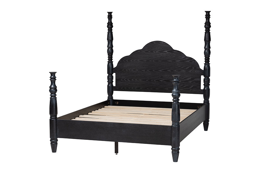Martino Four-Poster Platform Bed - Sculpted Post Bed Frame with Panel Headboard, Vintage Spindle Bed, Black, Queen