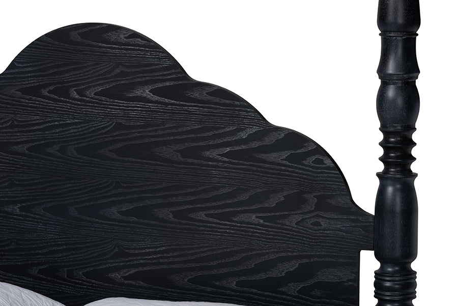 Martino Four-Poster Platform Bed - Sculpted Post Bed Frame with Panel Headboard, Vintage Spindle Bed, Black, Queen