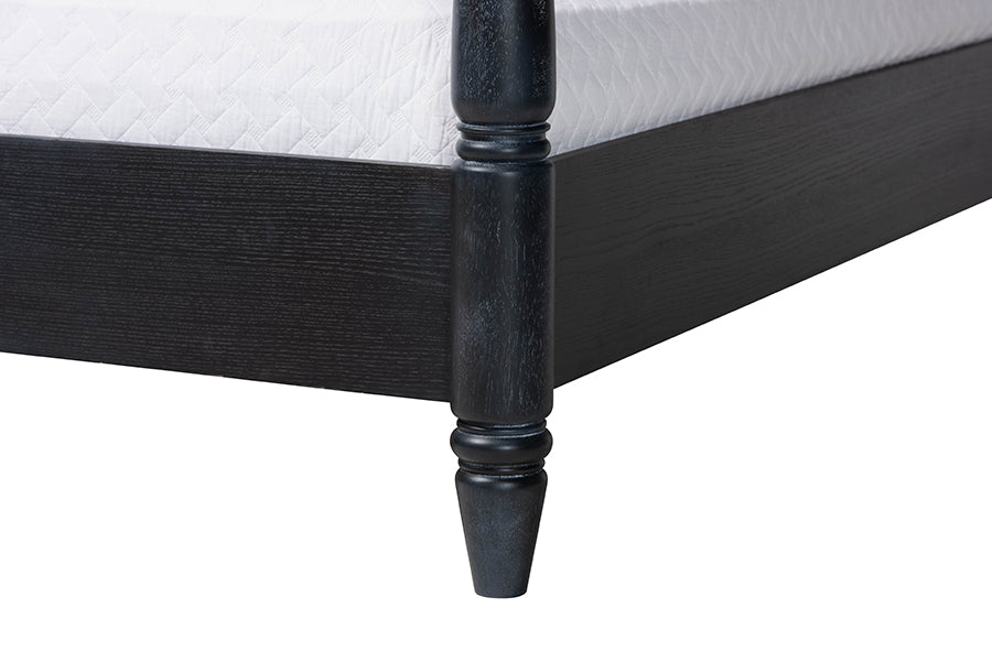 Martino Four-Poster Platform Bed - Sculpted Post Bed Frame with Panel Headboard, Vintage Spindle Bed, Black, Queen