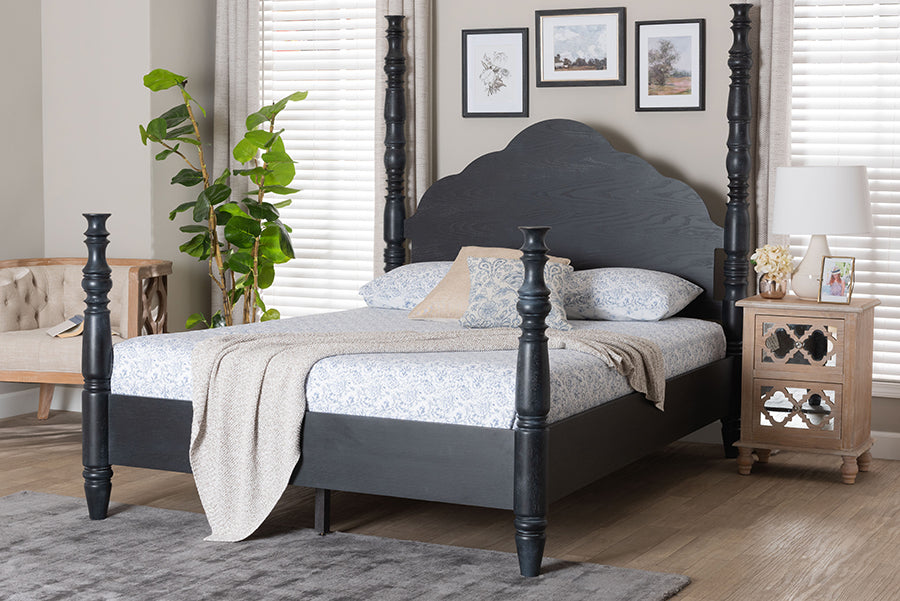 Martino Four-Poster Platform Bed - Sculpted Post Bed Frame with Panel Headboard, Vintage Spindle Bed, Black, Queen