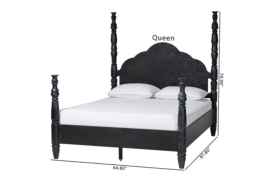 Martino Four-Poster Platform Bed - Sculpted Post Bed Frame with Panel Headboard, Vintage Spindle Bed, Black, King