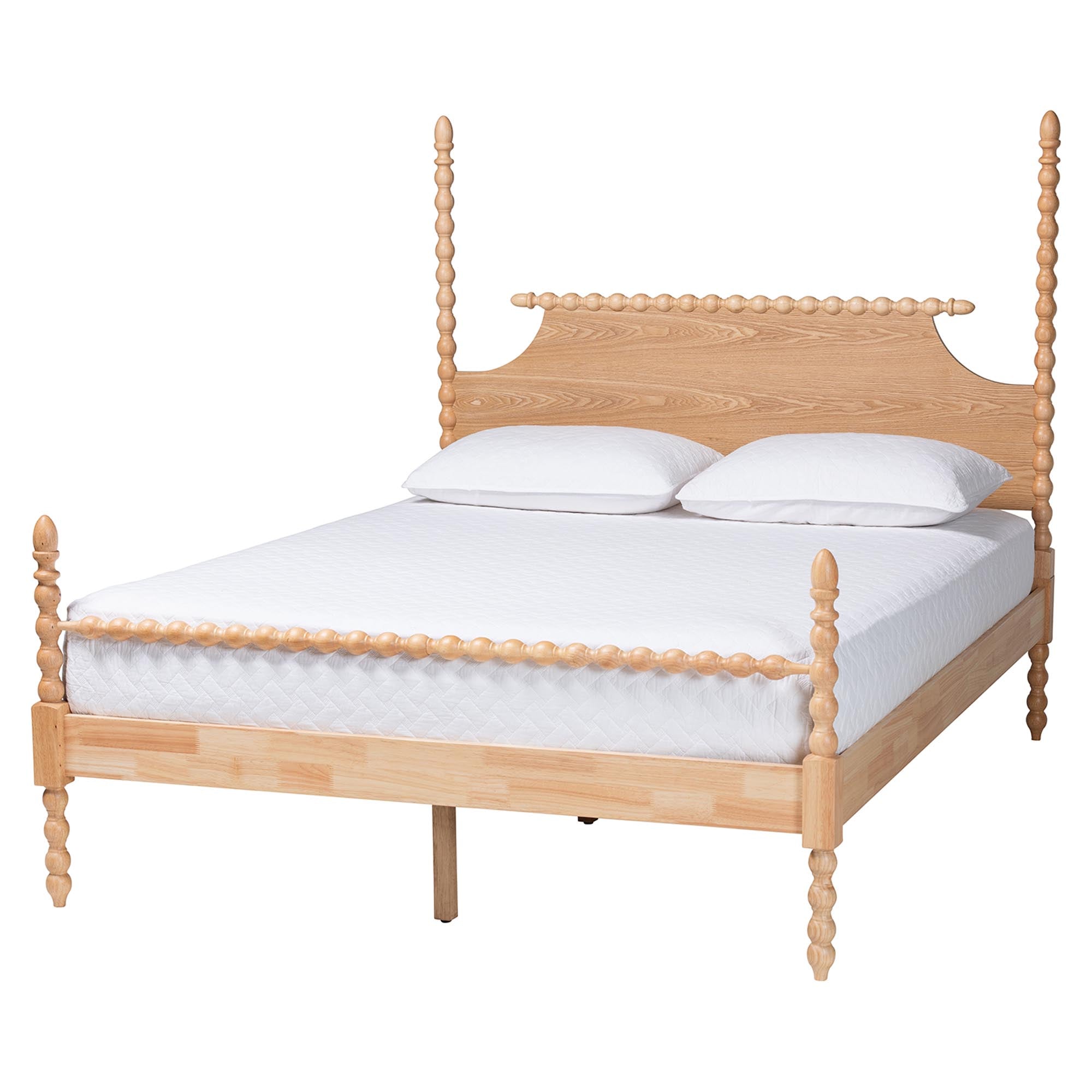 Caliana Bobbin Four-Poster Platform Bed - Wooden Bed Frame with Turned Spindle Posts and Panel Headboard, Vintage-Inspired Bedroom Furniture, Natural Brown, Queen