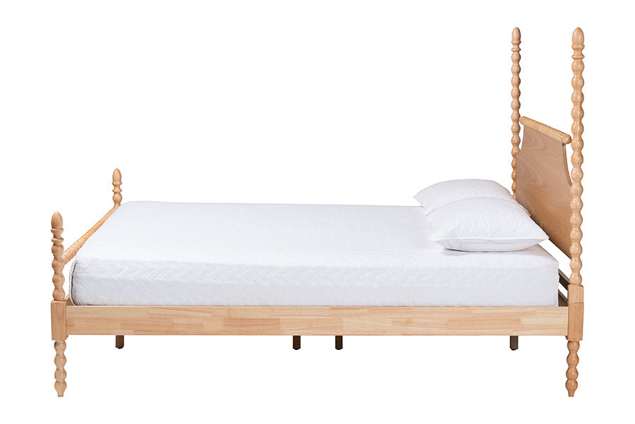Caliana Bobbin Four-Poster Platform Bed - Wooden Bed Frame with Turned Spindle Posts and Panel Headboard, Vintage-Inspired Bedroom Furniture, Natural Brown, Queen