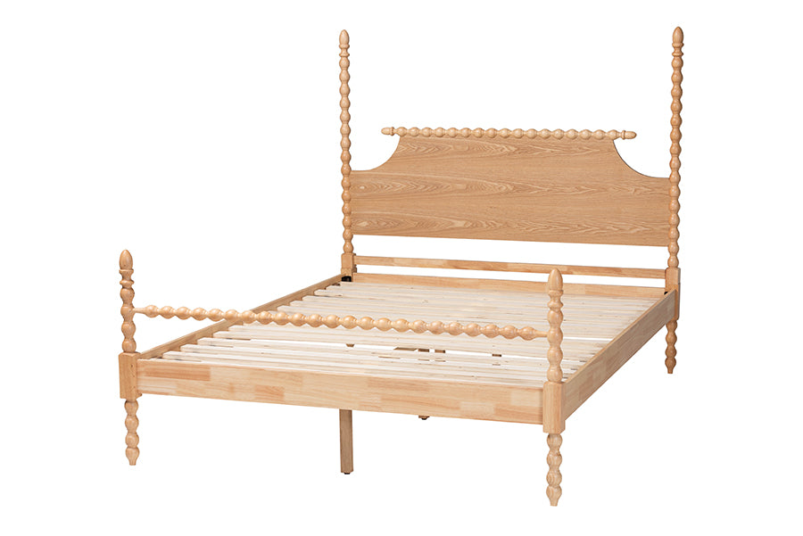 Caliana Bobbin Four-Poster Platform Bed - Wooden Bed Frame with Turned Spindle Posts and Panel Headboard, Vintage-Inspired Bedroom Furniture, Natural Brown, Queen