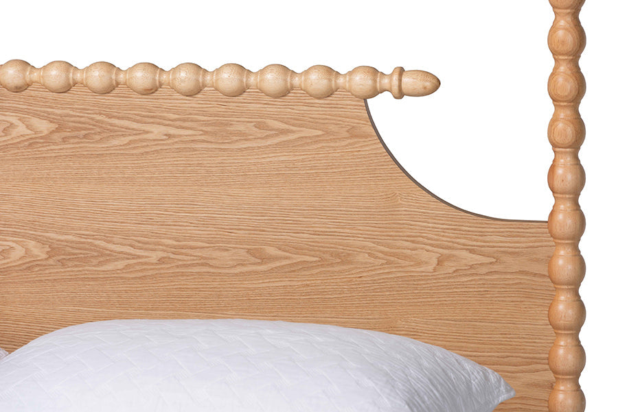 Caliana Bobbin Four-Poster Platform Bed - Wooden Bed Frame with Turned Spindle Posts and Panel Headboard, Vintage-Inspired Bedroom Furniture, Natural Brown, Queen