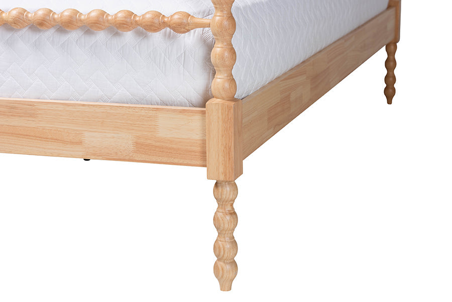 Caliana Bobbin Four-Poster Platform Bed - Wooden Bed Frame with Turned Spindle Posts and Panel Headboard, Vintage-Inspired Bedroom Furniture, Natural Brown, Queen