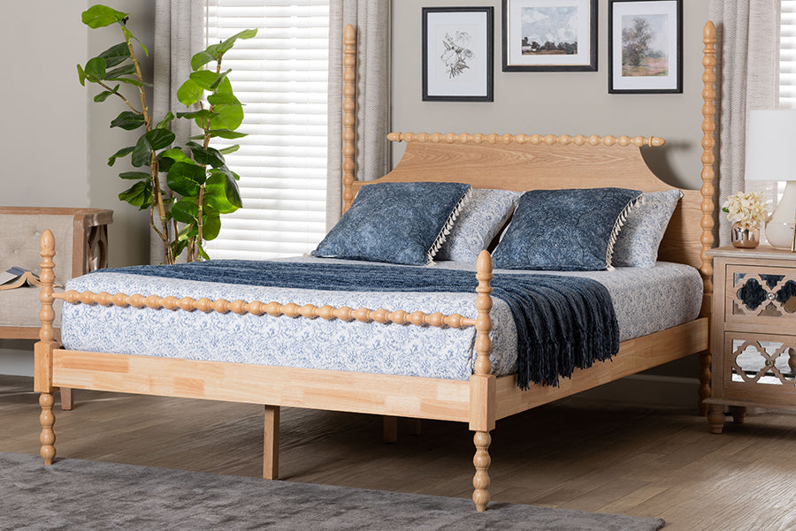Caliana Bobbin Four-Poster Platform Bed - Wooden Bed Frame with Turned Spindle Posts and Panel Headboard, Vintage-Inspired Bedroom Furniture, Natural Brown, Queen