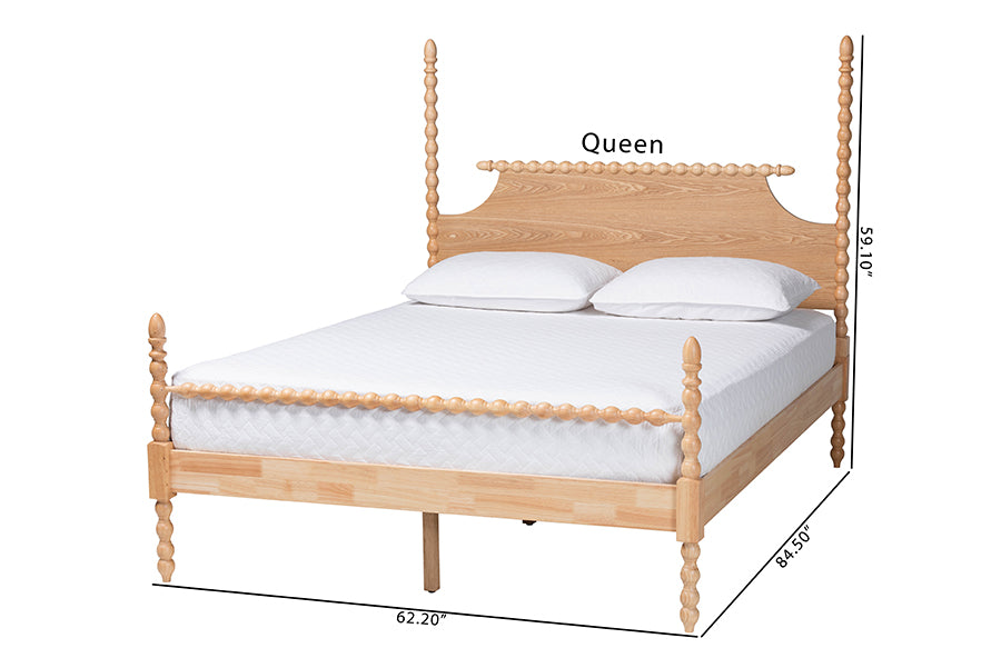 Caliana Bobbin Four-Poster Platform Bed - Wooden Bed Frame with Turned Spindle Posts and Panel Headboard, Vintage-Inspired Bedroom Furniture, Natural Brown, Queen