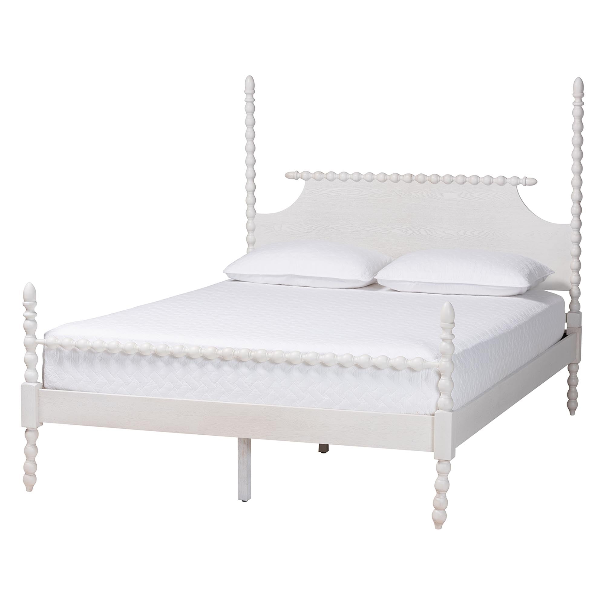 Caliana Bobbin Four-Poster Platform Bed - Wooden Bed Frame with Turned Spindle Posts and Panel Headboard, Vintage-Inspired Bedroom Furniture, White, Queen