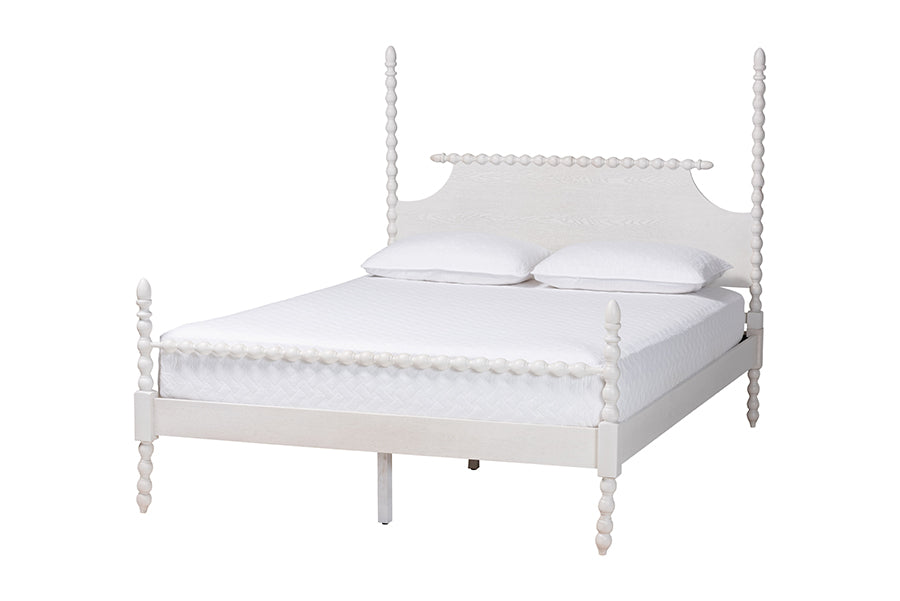 Caliana Bobbin Four-Poster Platform Bed - Wooden Bed Frame with Turned Spindle Posts and Panel Headboard, Vintage-Inspired Bedroom Furniture, White, King