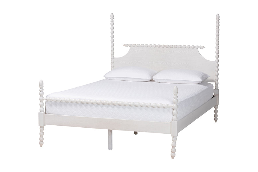 Caliana Bobbin Four-Poster Platform Bed - Wooden Bed Frame with Turned Spindle Posts and Panel Headboard, Vintage-Inspired Bedroom Furniture, White, Queen