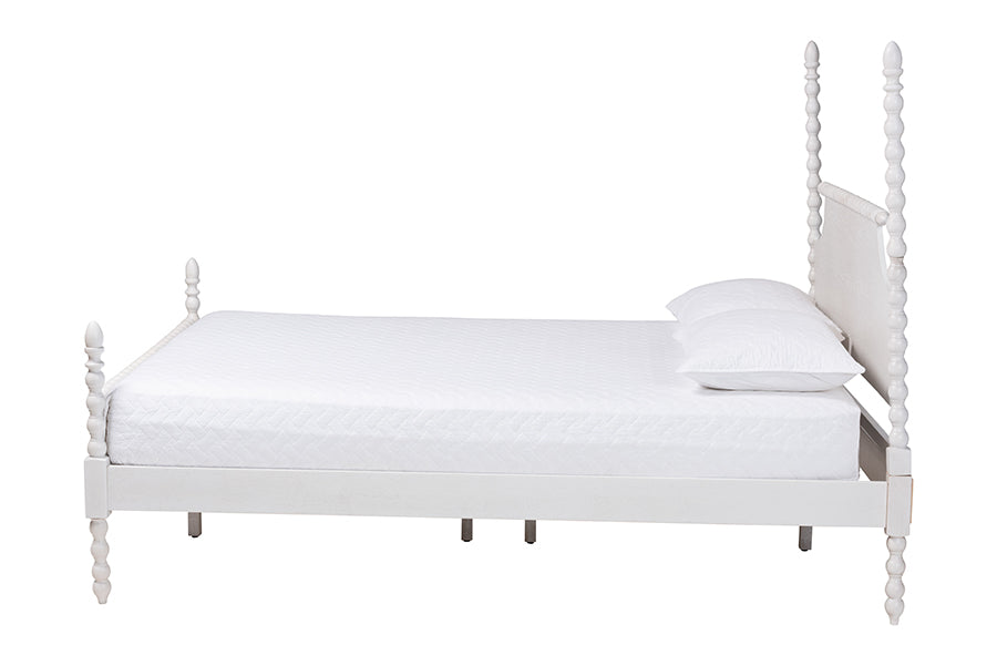 Caliana Bobbin Four-Poster Platform Bed - Wooden Bed Frame with Turned Spindle Posts and Panel Headboard, Vintage-Inspired Bedroom Furniture, White, King