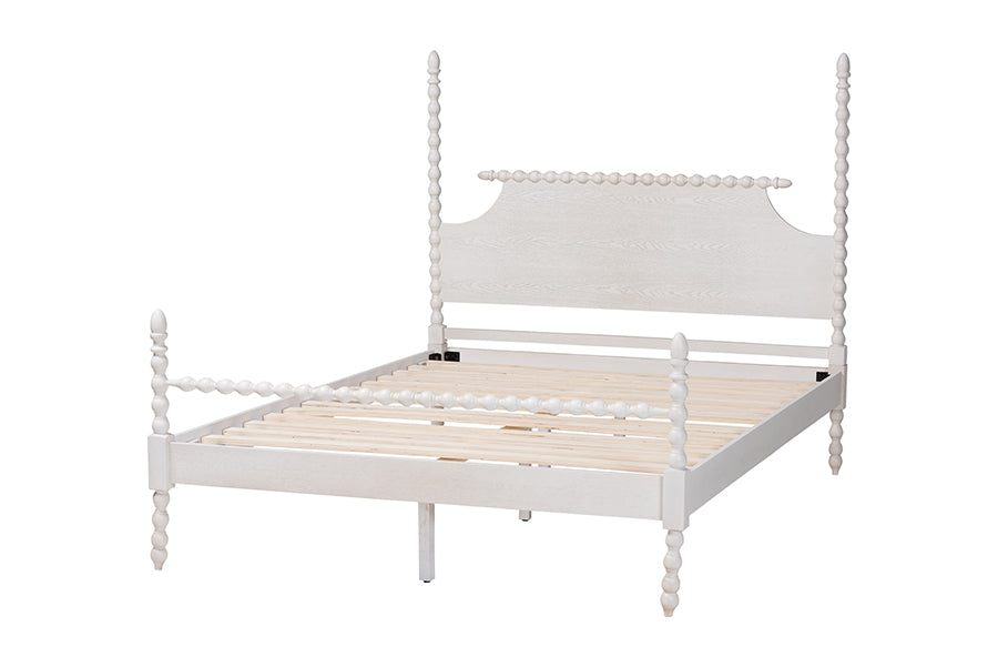 Caliana Bobbin Four-Poster Platform Bed - Wooden Bed Frame with Turned Spindle Posts and Panel Headboard, Vintage-Inspired Bedroom Furniture, White, King