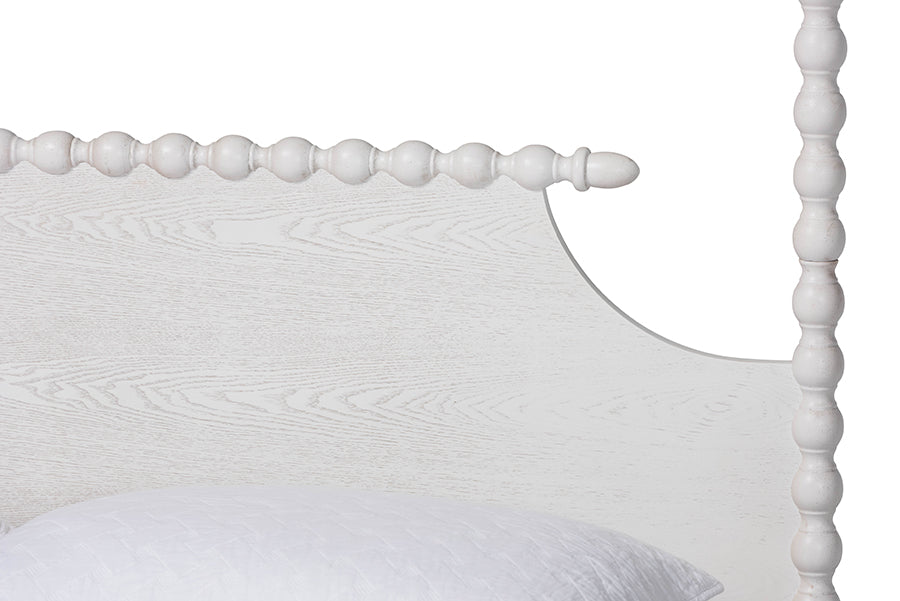 Caliana Bobbin Four-Poster Platform Bed - Wooden Bed Frame with Turned Spindle Posts and Panel Headboard, Vintage-Inspired Bedroom Furniture, White, King