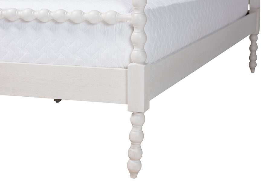 Caliana Bobbin Four-Poster Platform Bed - Wooden Bed Frame with Turned Spindle Posts and Panel Headboard, Vintage-Inspired Bedroom Furniture, White, Queen
