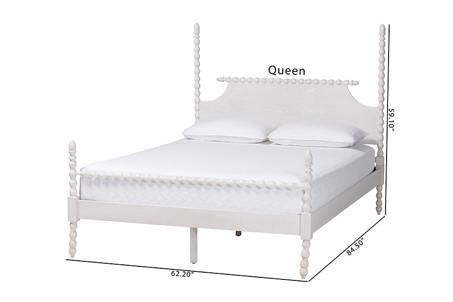Caliana Bobbin Four-Poster Platform Bed - Wooden Bed Frame with Turned Spindle Posts and Panel Headboard, Vintage-Inspired Bedroom Furniture, White, King
