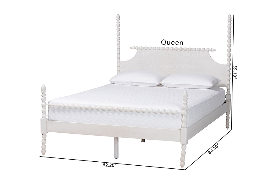 Caliana Bobbin Four-Poster Platform Bed - Wooden Bed Frame with Turned Spindle Posts and Panel Headboard, Vintage-Inspired Bedroom Furniture, White, King