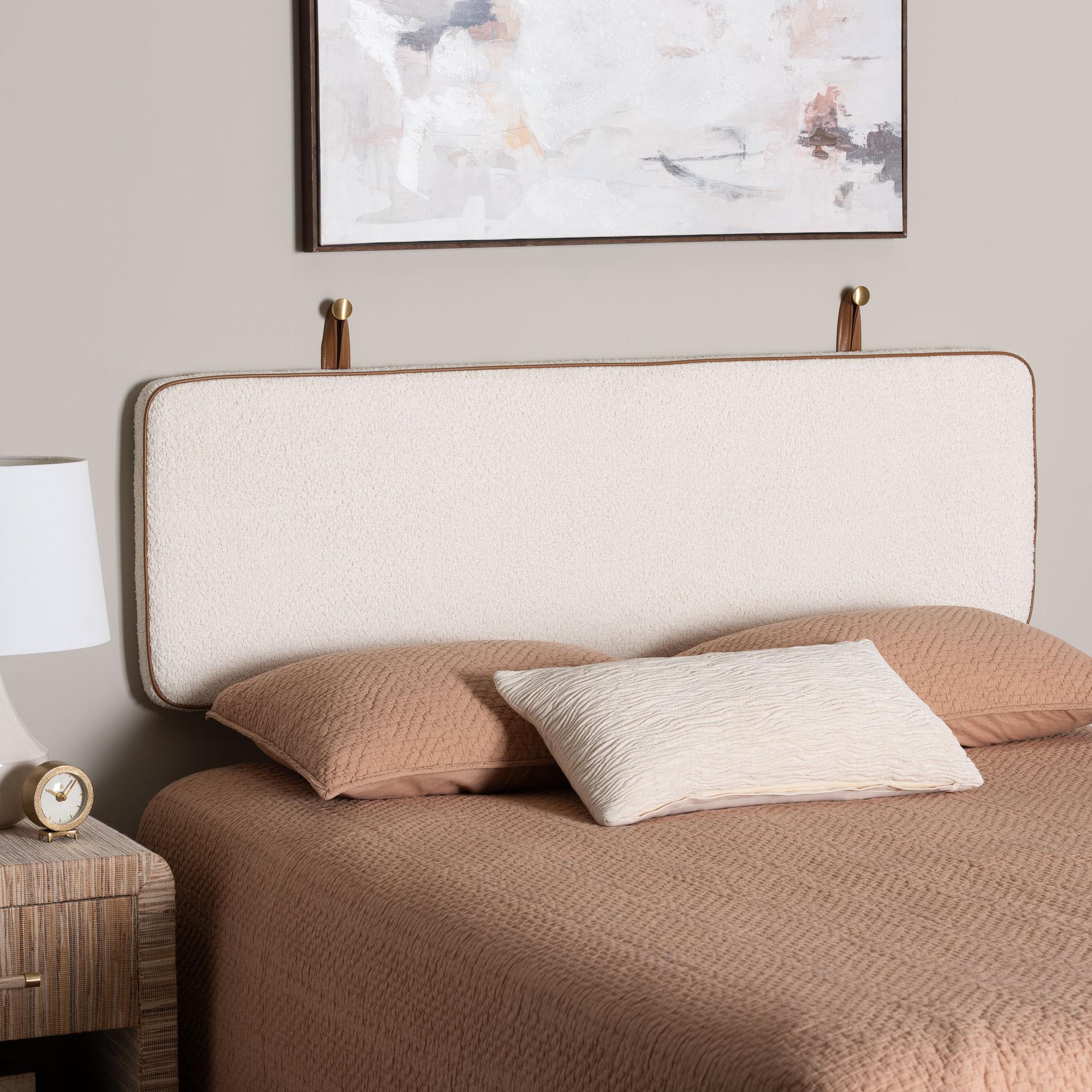 Belden Boucle Upholstered Wall-Mounted Headboard - Padded Cushion Panel with Faux Leather Piping, Modern Bedroom Accent Piece, Cream, Queen