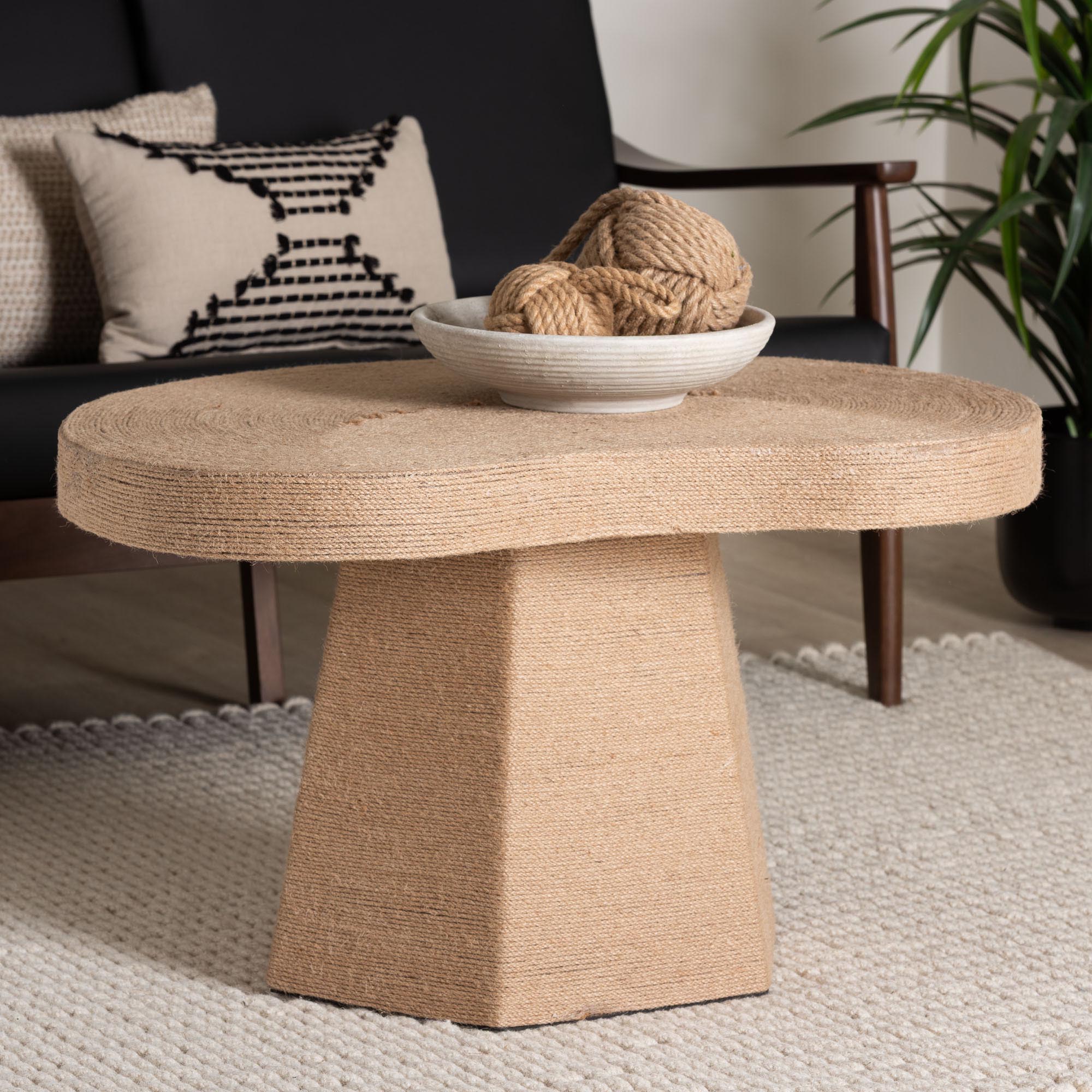 Lenka Natural Jute Coffee Table - Textured Handwoven Cocktail Table with Sculptural Base and Irregular Top for Living Room or Lounge