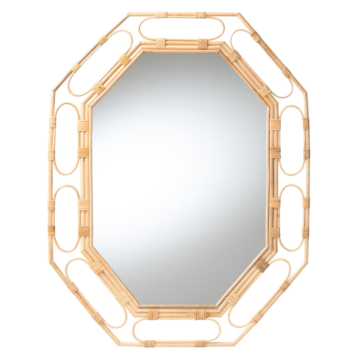 Remedy Octagonal Natural Rattan Wall Mirror - Handwoven Accent Mirror with Open Loop Detailing, Boho Coastal Style for Entryway, Bedroom, or Living Room Decor