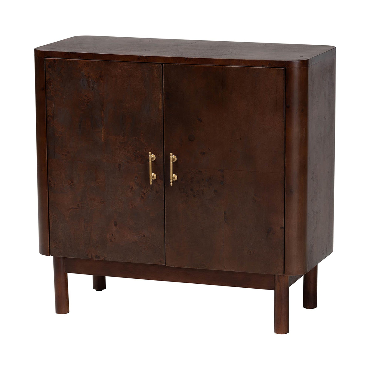 Latika Real Burl Wood Storage Cabinet in Dark Walnut Brown - Modern Accent Cupboard with Double Doors and Brass Handles, Elegant Sideboard for Entryway, Living Room, or Dining Area