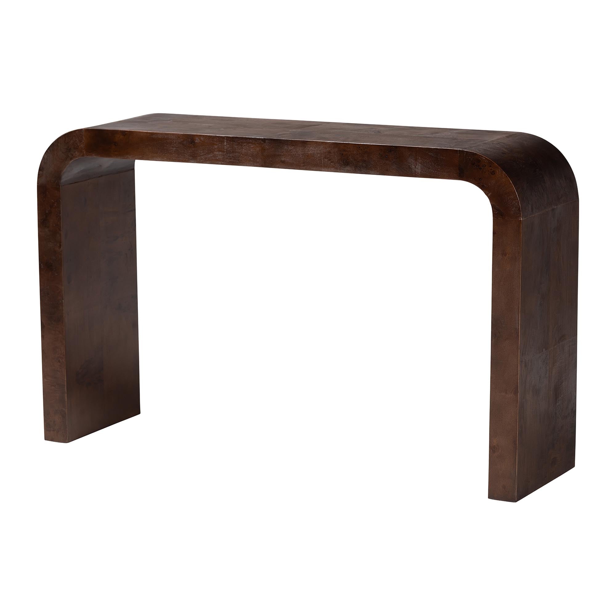 bali & pari Revelle Real Burl Wood Console Table in Dark Walnut Brown - Modern Entryway or Sofa Table with Waterfall Design and Minimalist Silhouette for Living Room or Hallway