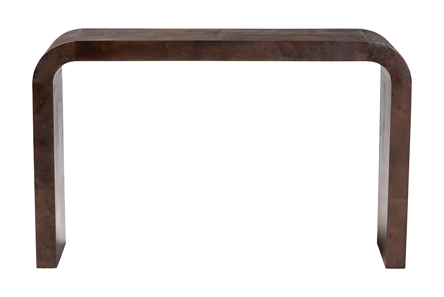 bali & pari Revelle Real Burl Wood Console Table in Dark Walnut Brown - Modern Entryway or Sofa Table with Waterfall Design and Minimalist Silhouette for Living Room or Hallway
