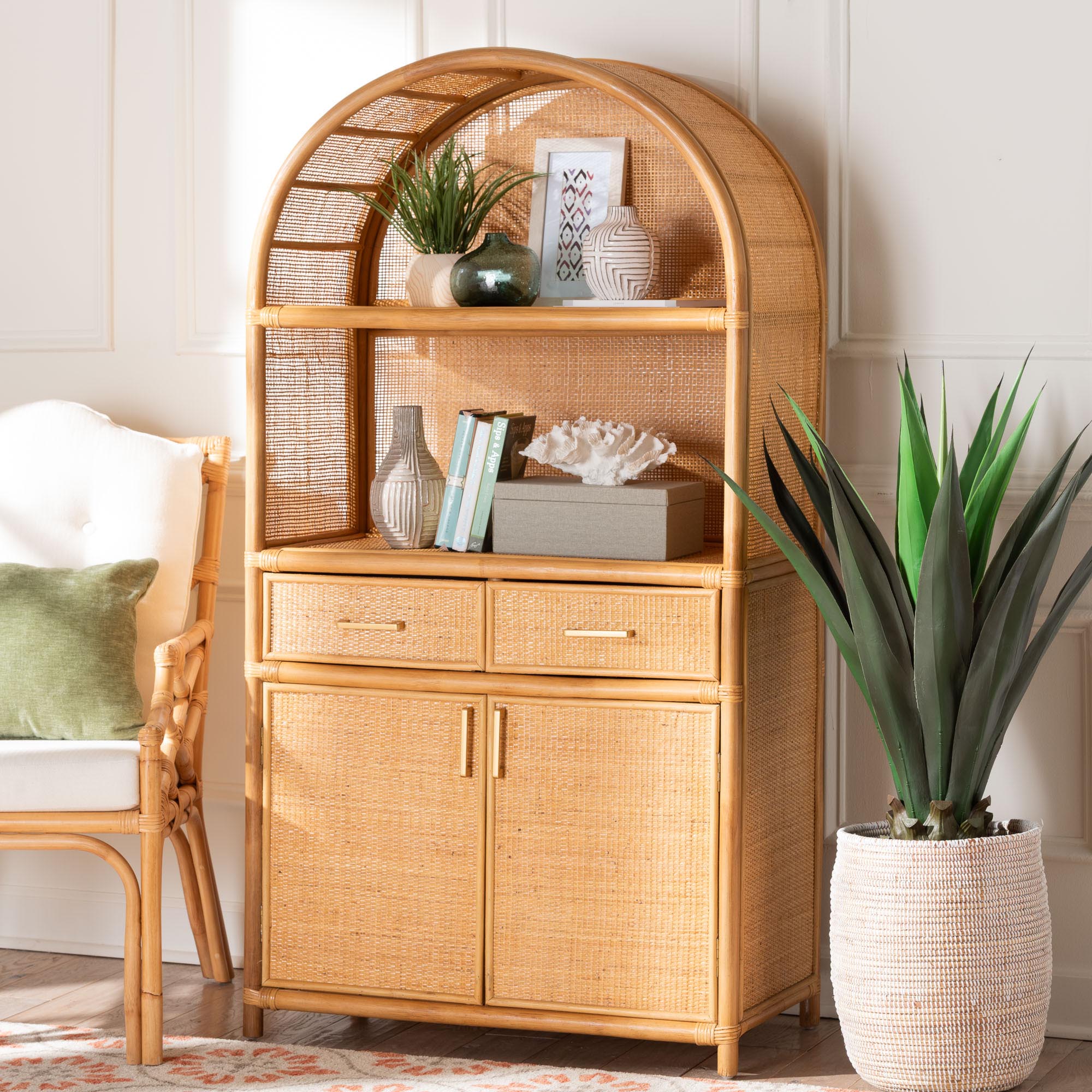 Mairen Arched Natural Rattan Storage Cabinet -  Handwoven Pole Rattan Hutch with Two Drawers and Doors, Boho Coastal Display Cabinet for Dining Room or Living Space