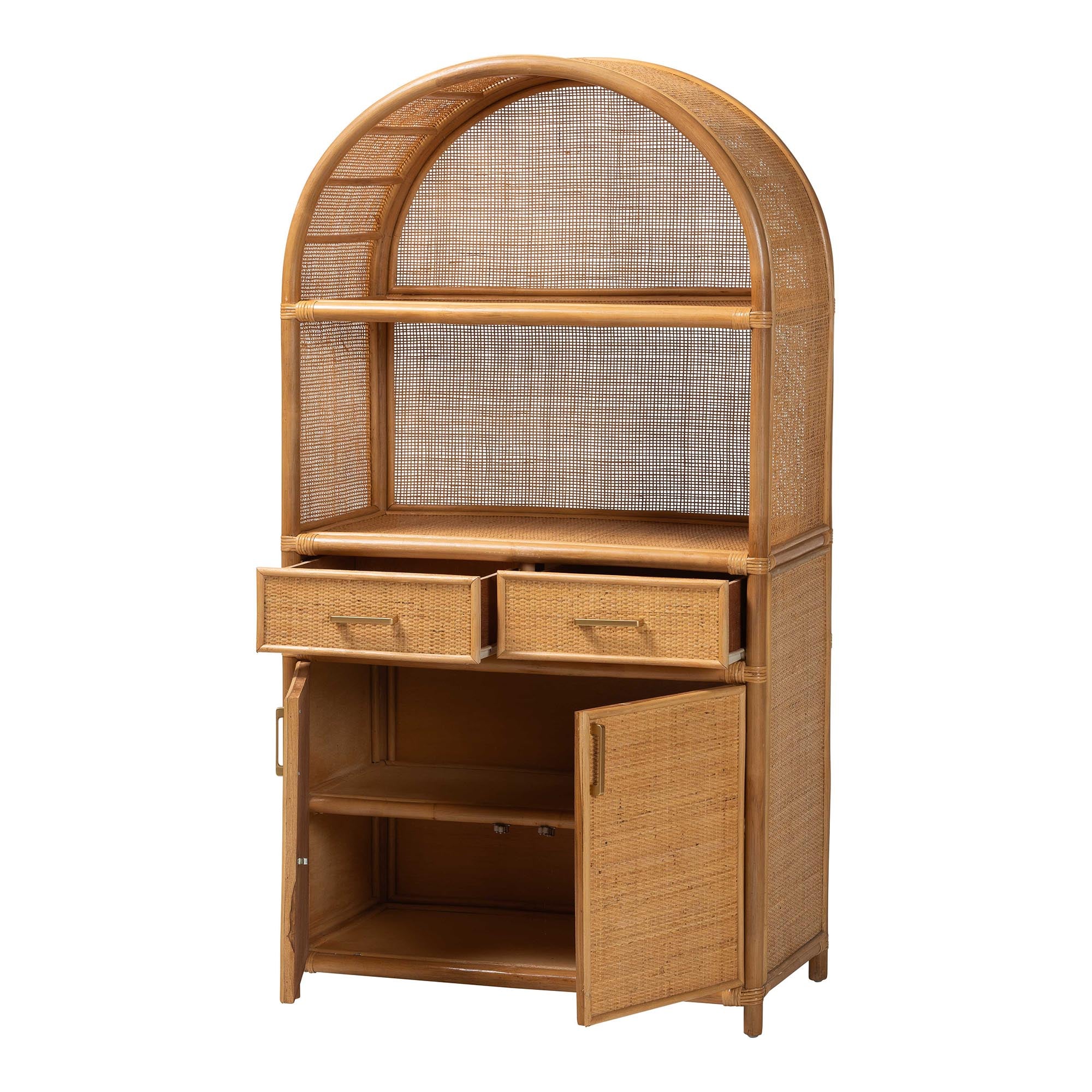 Mairen Arched Natural Rattan Storage Cabinet -  Handwoven Pole Rattan Hutch with Two Drawers and Doors, Boho Coastal Display Cabinet for Dining Room or Living Space