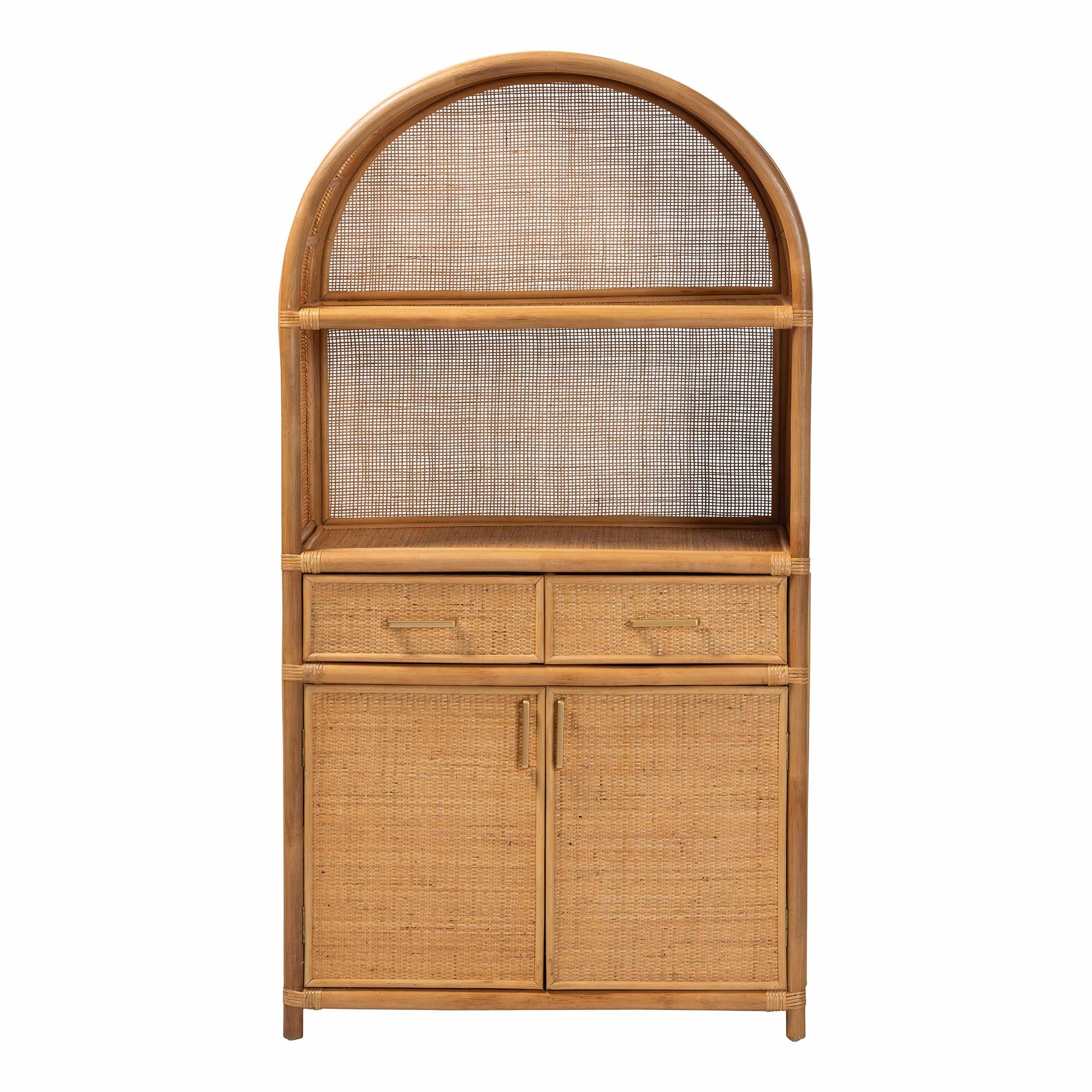 Mairen Arched Natural Rattan Storage Cabinet -  Handwoven Pole Rattan Hutch with Two Drawers and Doors, Boho Coastal Display Cabinet for Dining Room or Living Space