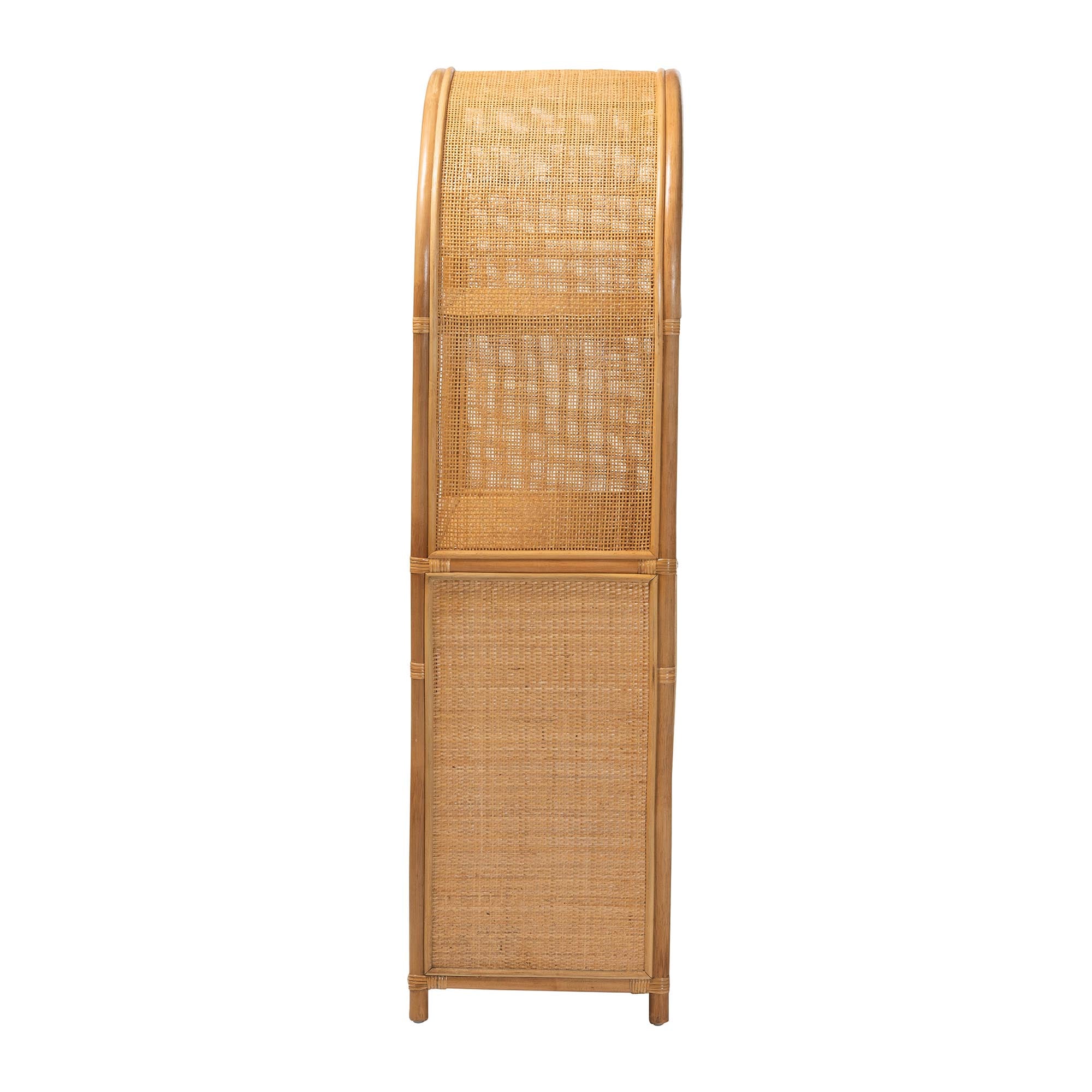 Mairen Arched Natural Rattan Storage Cabinet -  Handwoven Pole Rattan Hutch with Two Drawers and Doors, Boho Coastal Display Cabinet for Dining Room or Living Space
