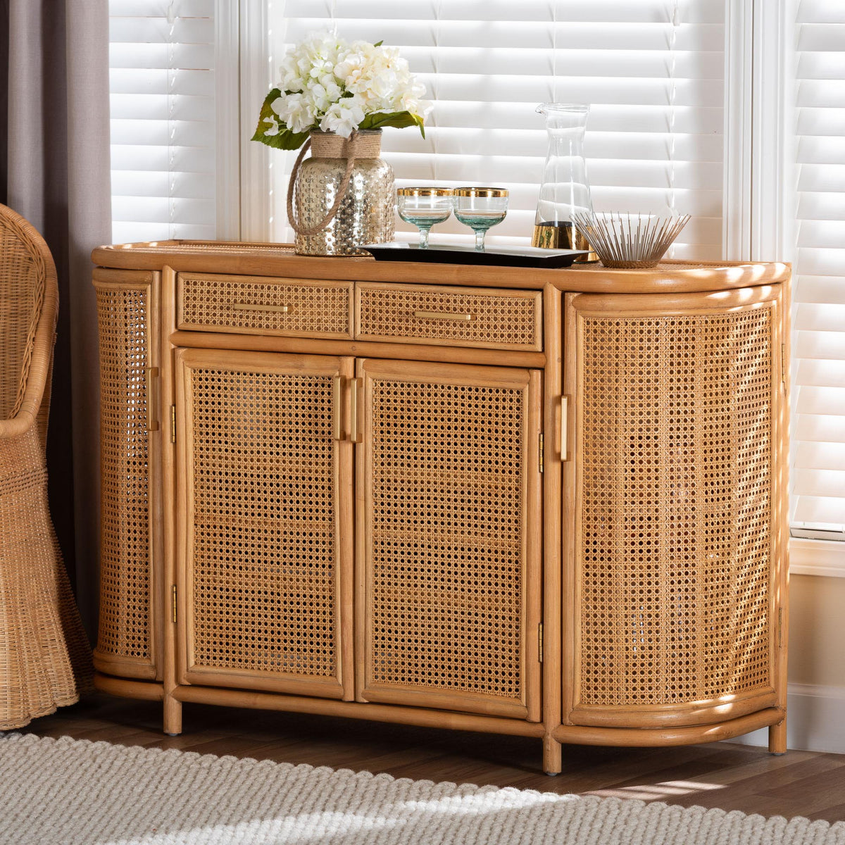 McKenna Natural Rattan Sideboard - Handwoven Wicker Buffet Credenza, Boho Coastal Style for Dining or Living Room, 2-Drawer