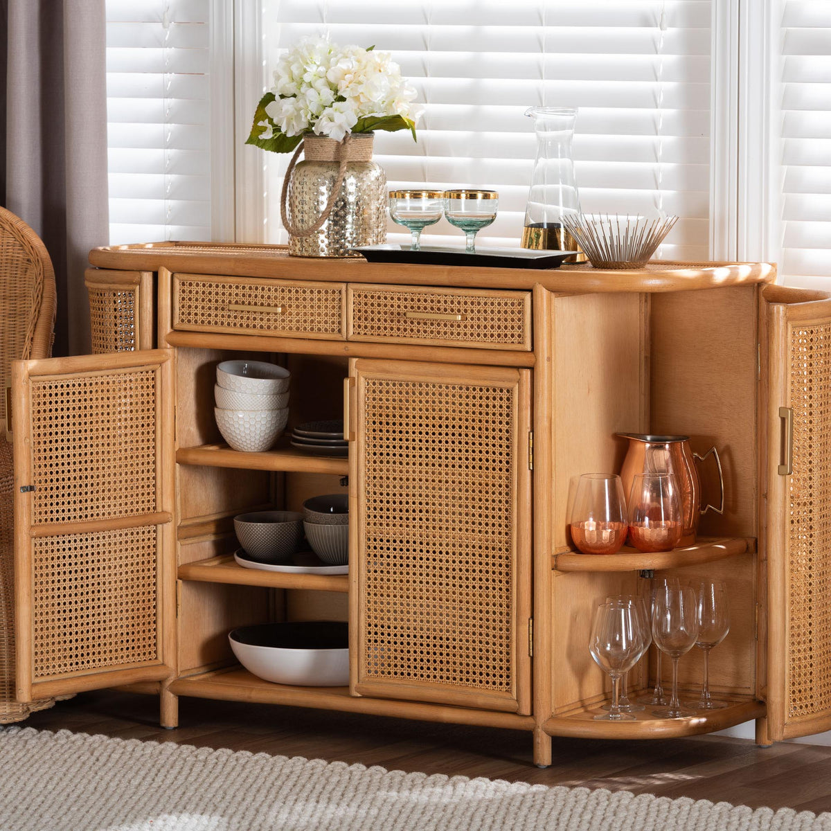 McKenna Natural Rattan Sideboard - Handwoven Wicker Buffet Credenza, Boho Coastal Style for Dining or Living Room, 2-Drawer