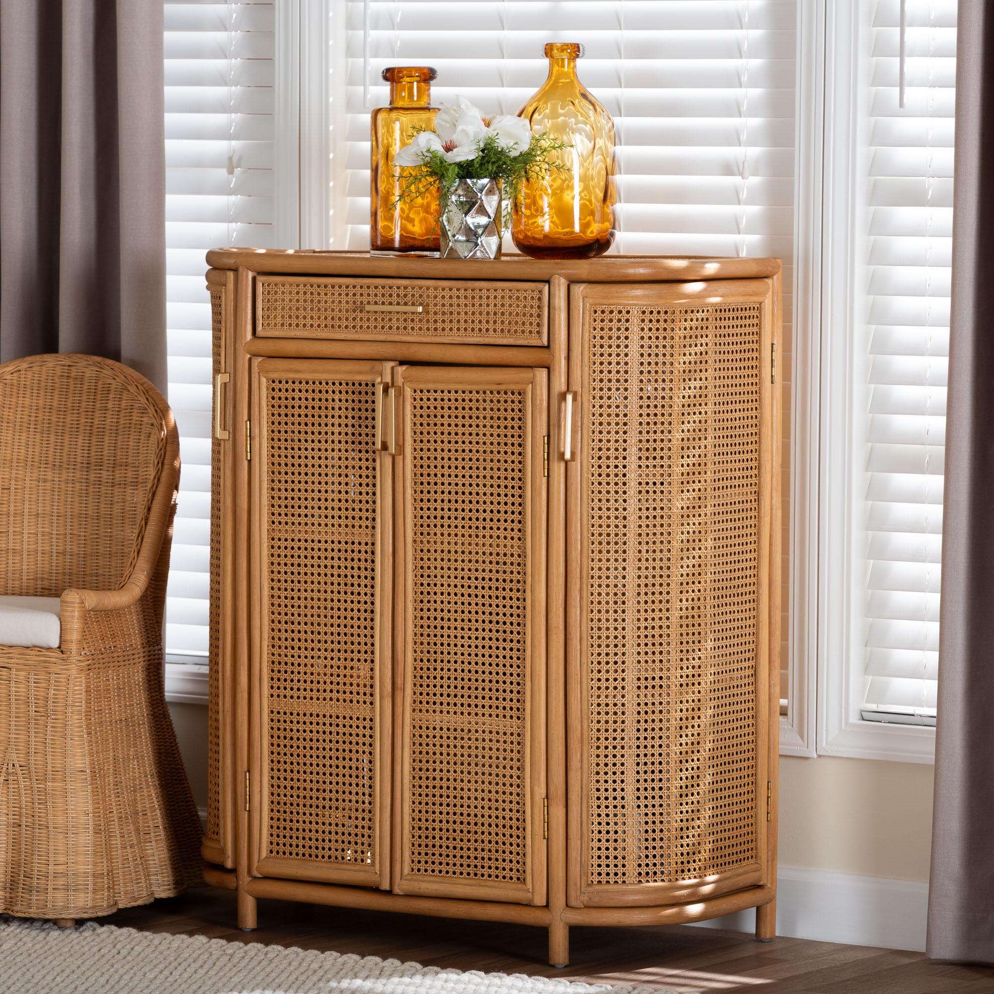 bali & pari McKenna Natural Rattan Storage Cabinet - Handwoven Wicker Accent Cabinet, Boho Coastal Style for Living Room or Entryway, 1-Drawer