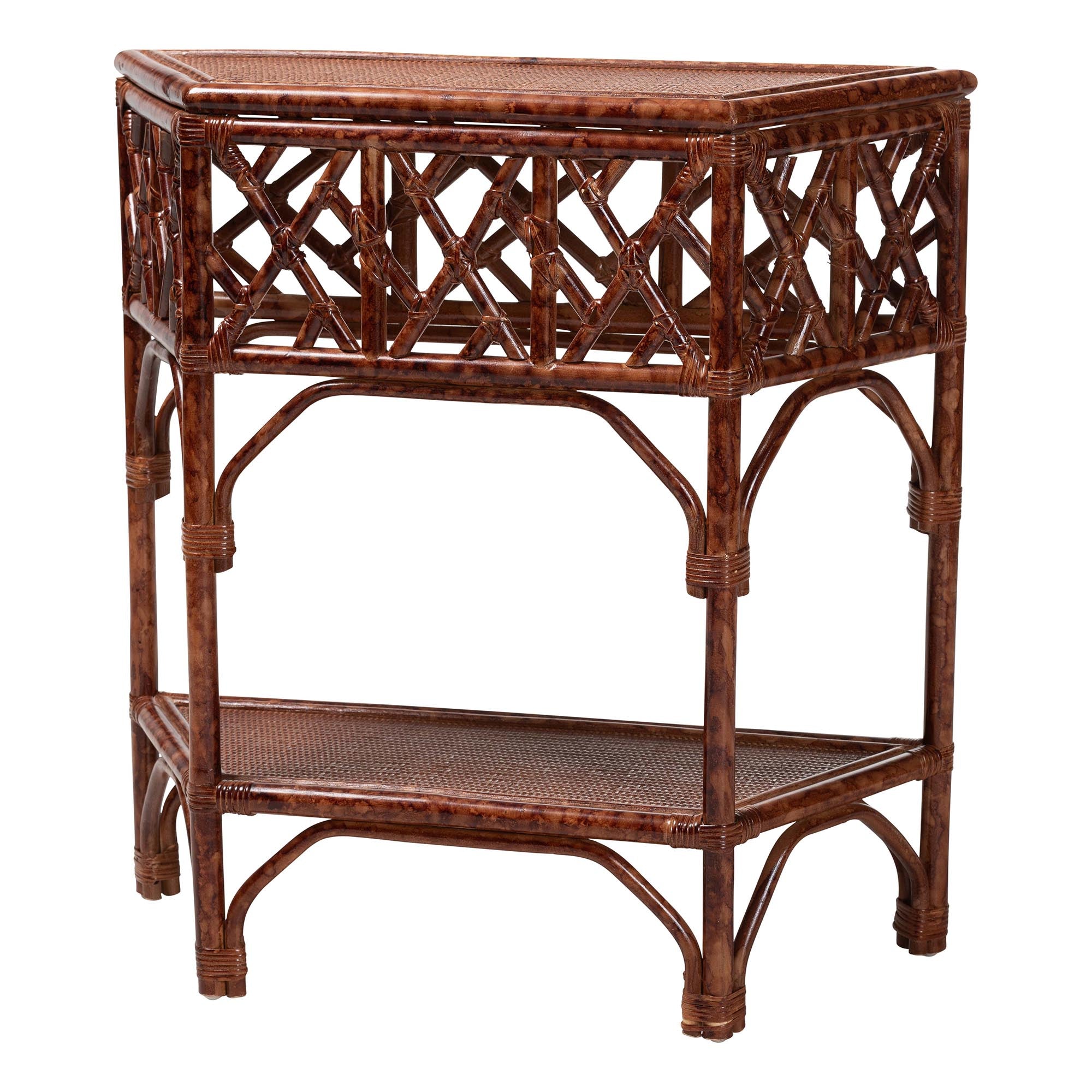 Gaspar Marbled Tortoise Natural Rattan Console Table - Handcrafted Accent Table with Chippendale Design, Coastal Tropical Style for Entryway, Hallway, or Living Room