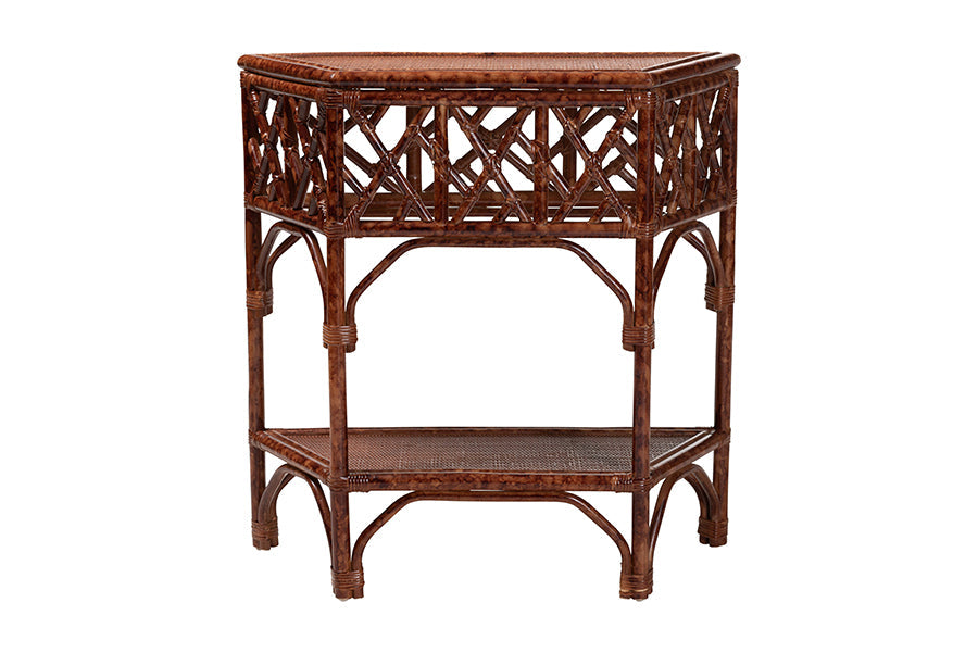 Gaspar Marbled Tortoise Natural Rattan Console Table - Handcrafted Accent Table with Chippendale Design, Coastal Tropical Style for Entryway, Hallway, or Living Room