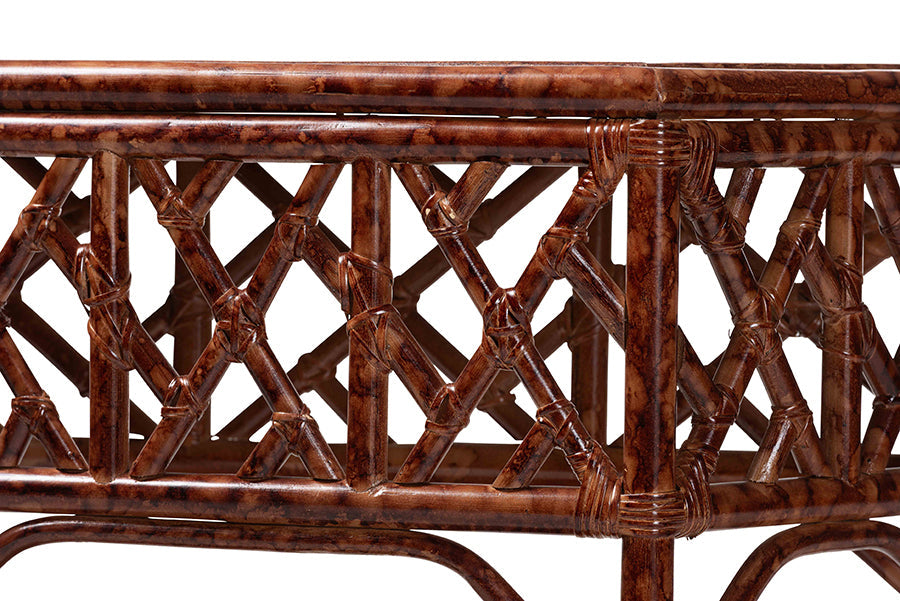 Gaspar Marbled Tortoise Natural Rattan Console Table - Handcrafted Accent Table with Chippendale Design, Coastal Tropical Style for Entryway, Hallway, or Living Room