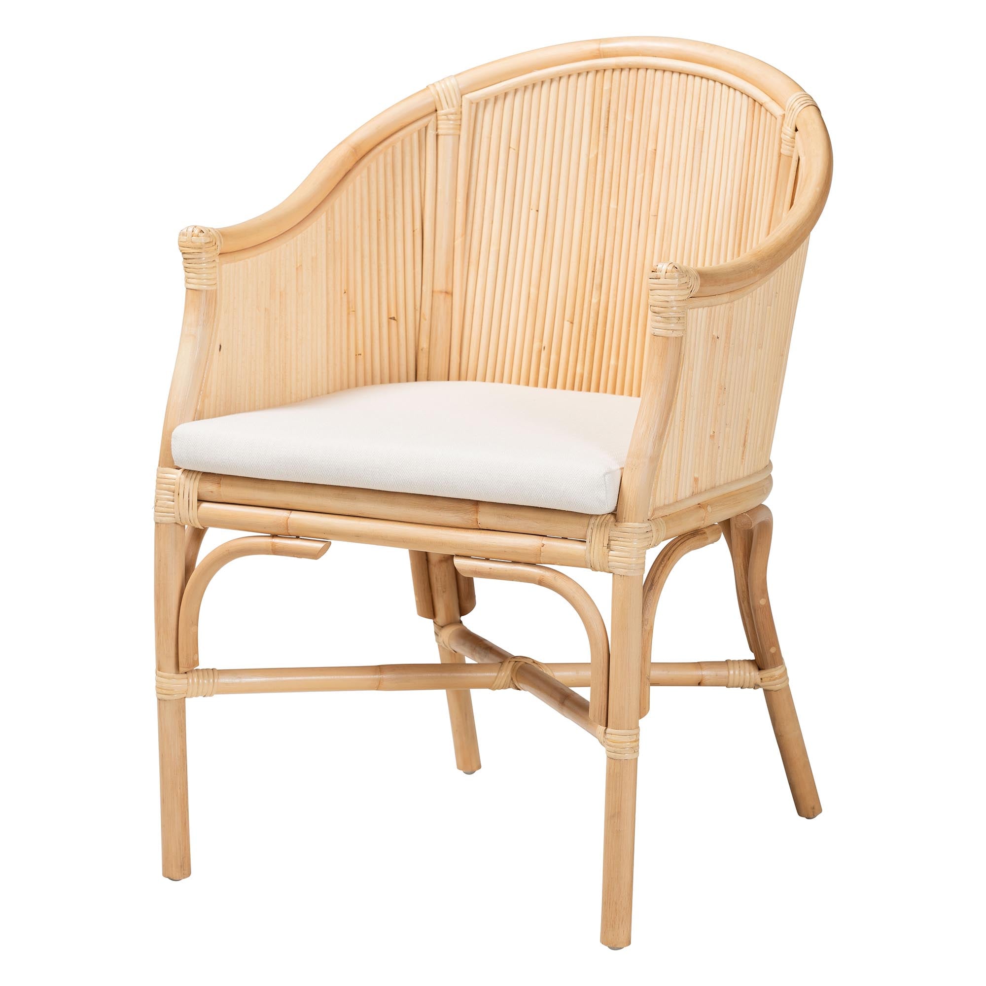 Hollis Natural Rattan Barrel Chair with Cushion - Handcrafted Accent Armchair with Laminated Rattan Pole Back, Coastal Boho Seating for Living Room or Bedroom