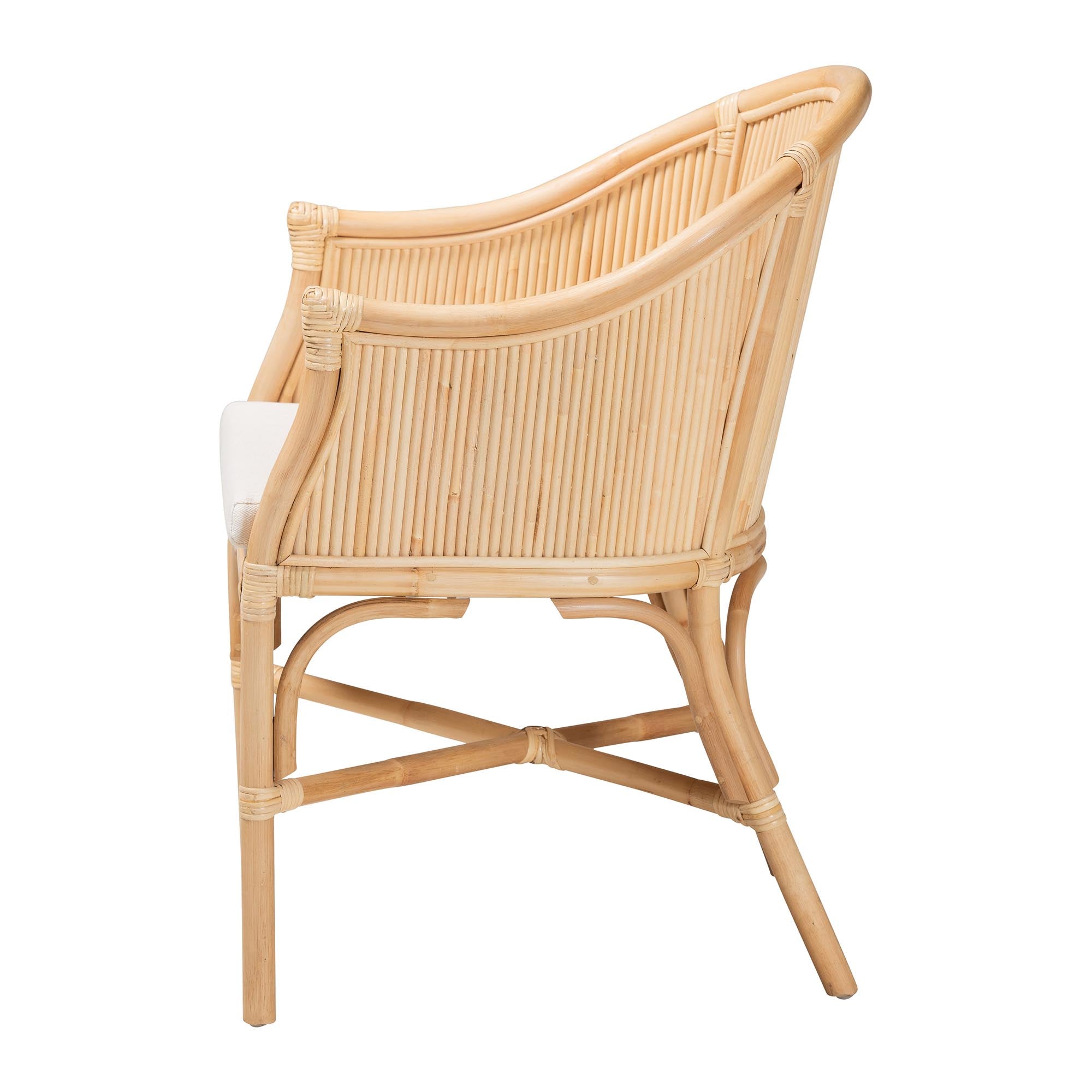 Hollis Natural Rattan Barrel Chair with Cushion - Handcrafted Accent Armchair with Laminated Rattan Pole Back, Coastal Boho Seating for Living Room or Bedroom