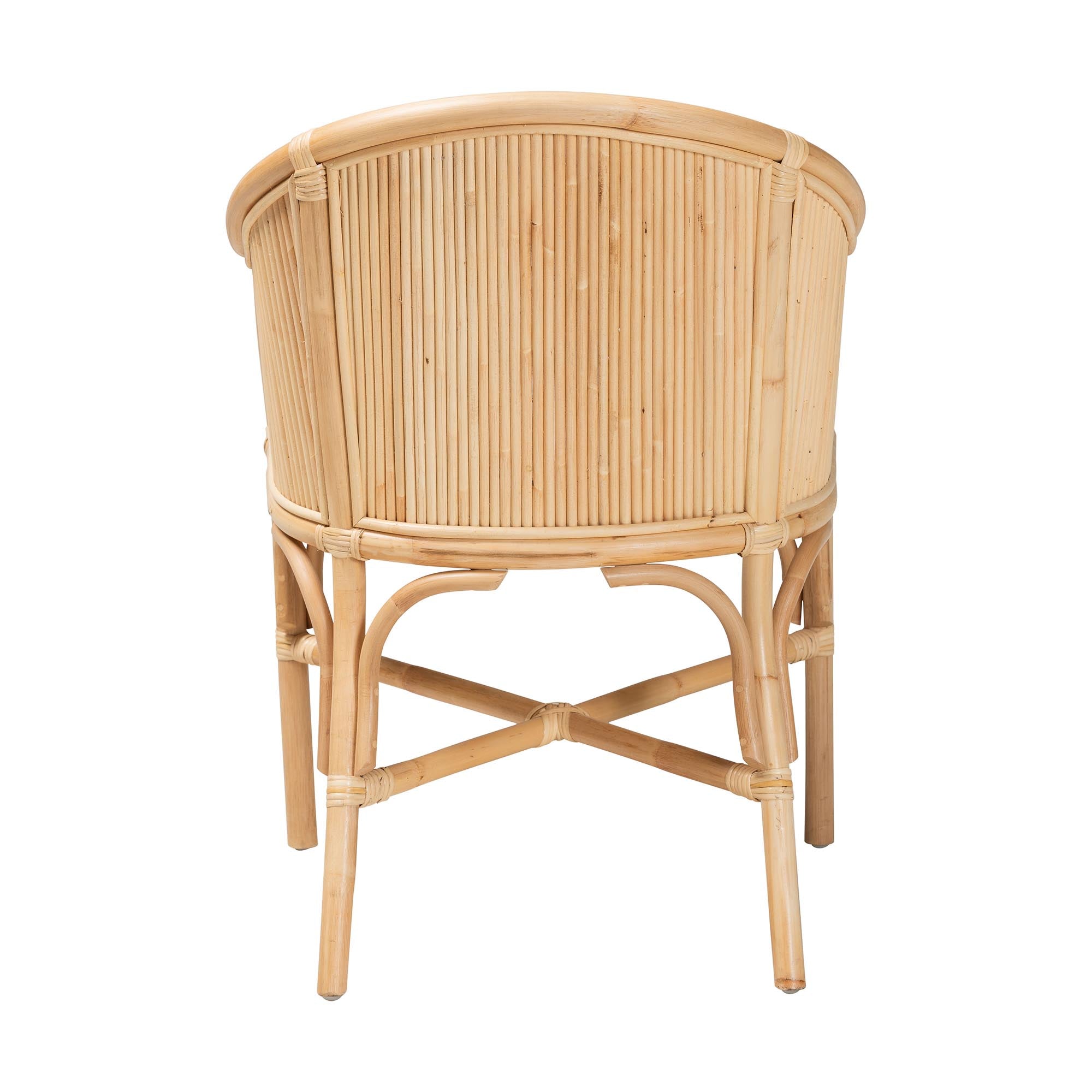 Hollis Natural Rattan Barrel Chair with Cushion - Handcrafted Accent Armchair with Laminated Rattan Pole Back, Coastal Boho Seating for Living Room or Bedroom
