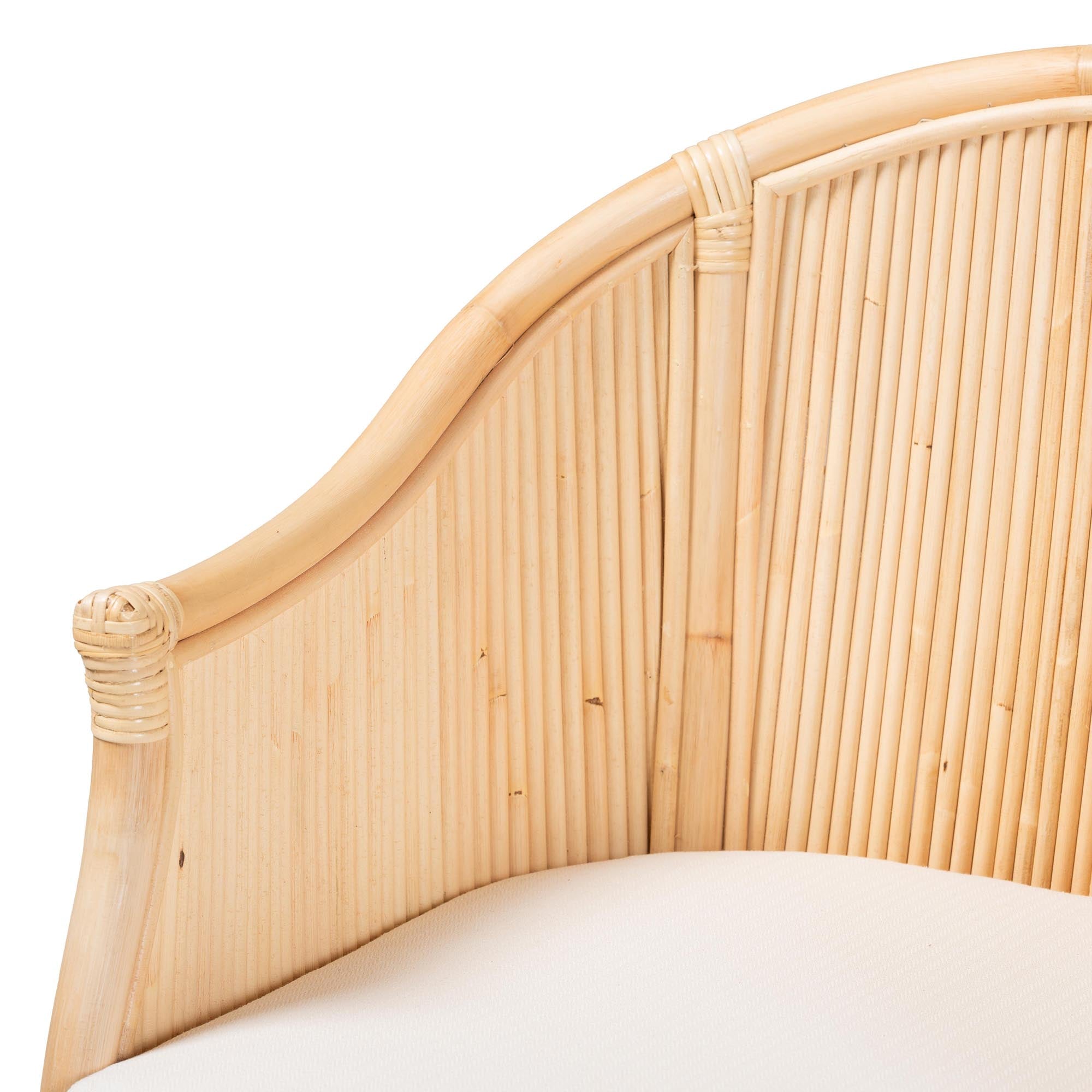 Hollis Natural Rattan Barrel Chair with Cushion - Handcrafted Accent Armchair with Laminated Rattan Pole Back, Coastal Boho Seating for Living Room or Bedroom