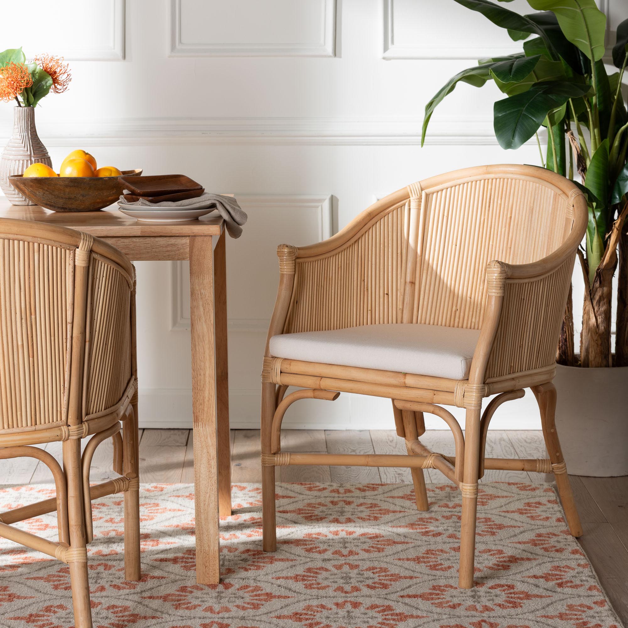 Hollis Natural Rattan Barrel Chair with Cushion - Handcrafted Accent Armchair with Laminated Rattan Pole Back, Coastal Boho Seating for Living Room or Bedroom