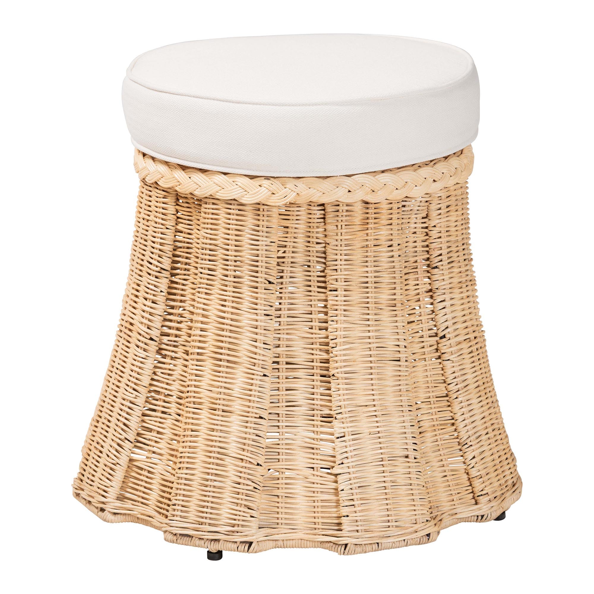 Ying Round Natural Rattan Ottoman with Cushion - Handwoven Wicker Pleated Skirt Accent Coffee Table or Extra Seating for Living Room or Sunroom, Small