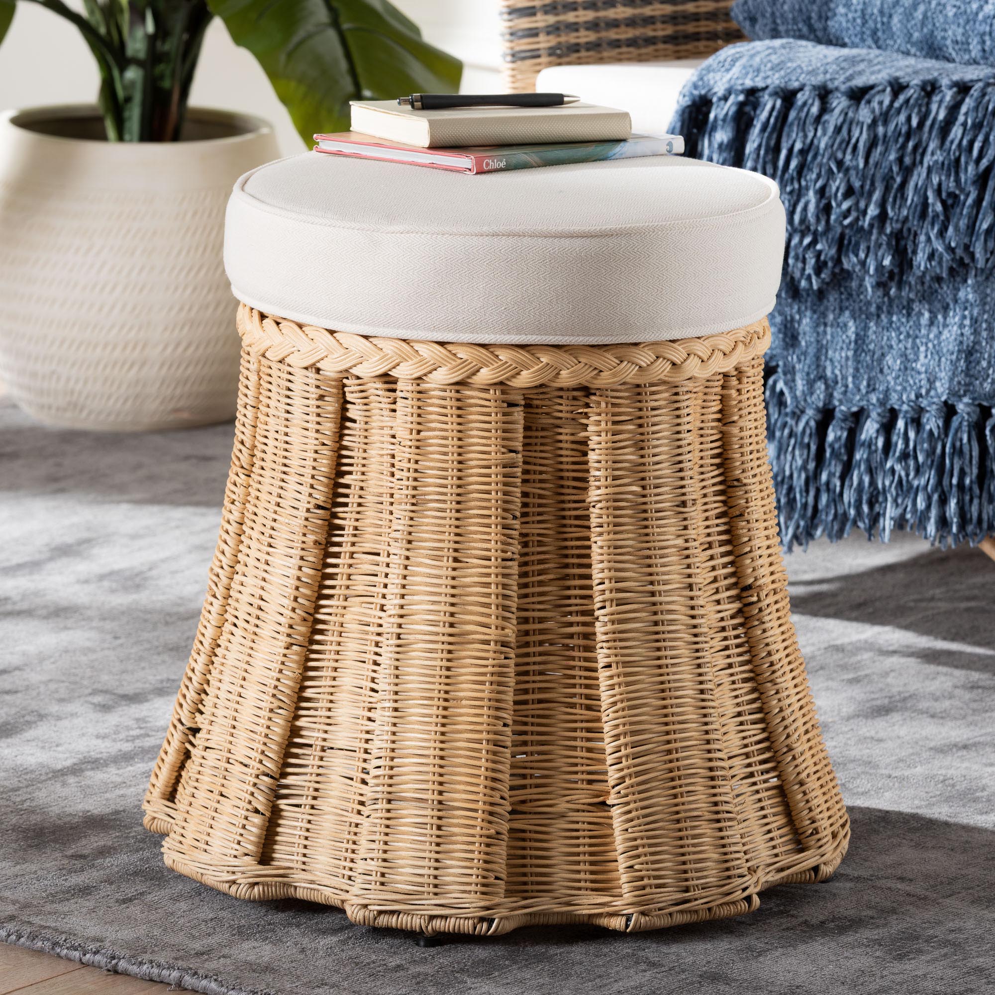 Ying Round Natural Rattan Ottoman with Cushion - Handwoven Wicker Pleated Skirt Accent Coffee Table or Extra Seating for Living Room or Sunroom, Small