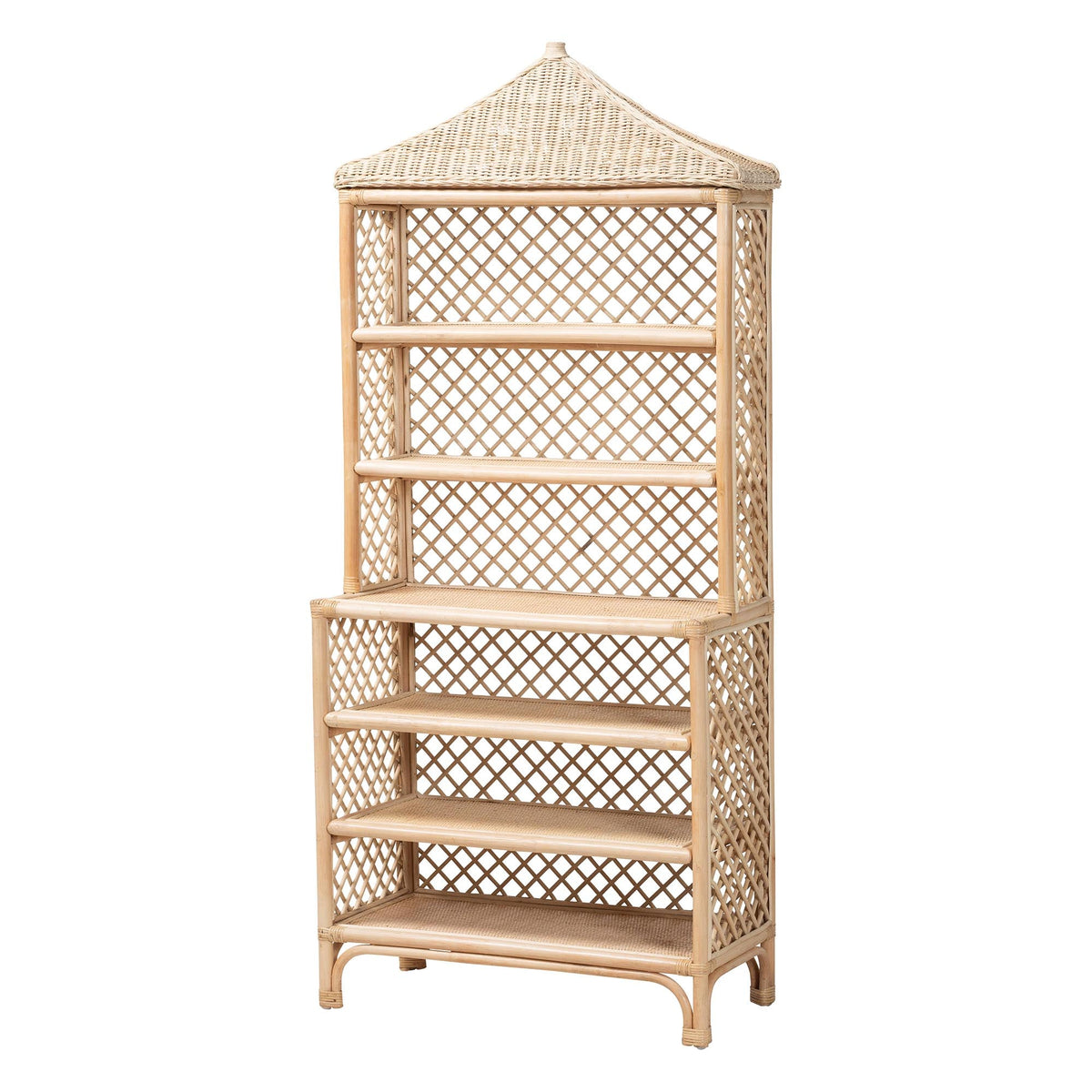 Adonis Natural Rattan Display Shelf - Freestanding 6-Tier bookcase with Pagoda Top, Coastal Boho Storage Organizer