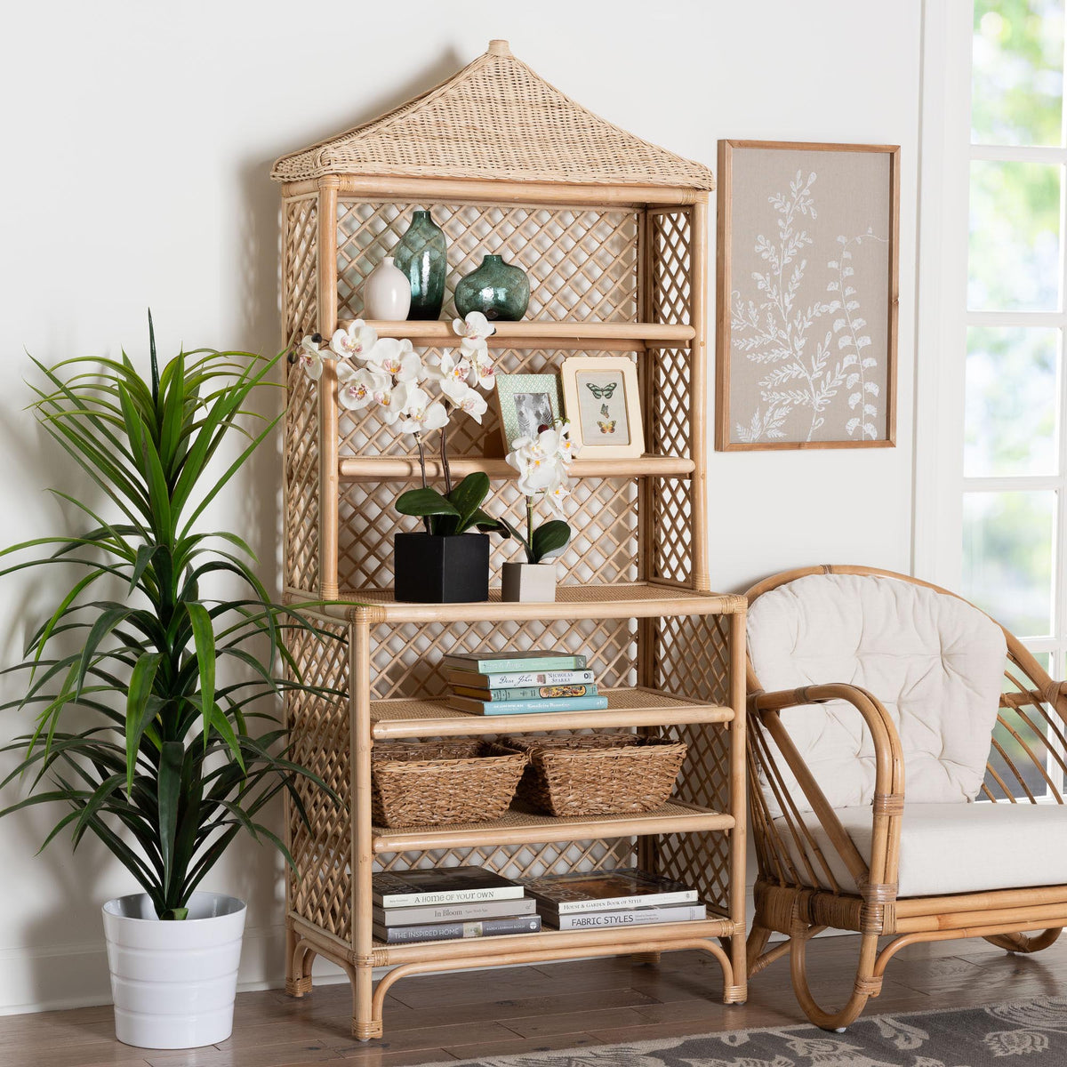 Adonis Natural Rattan Display Shelf - Freestanding 6-Tier bookcase with Pagoda Top, Coastal Boho Storage Organizer