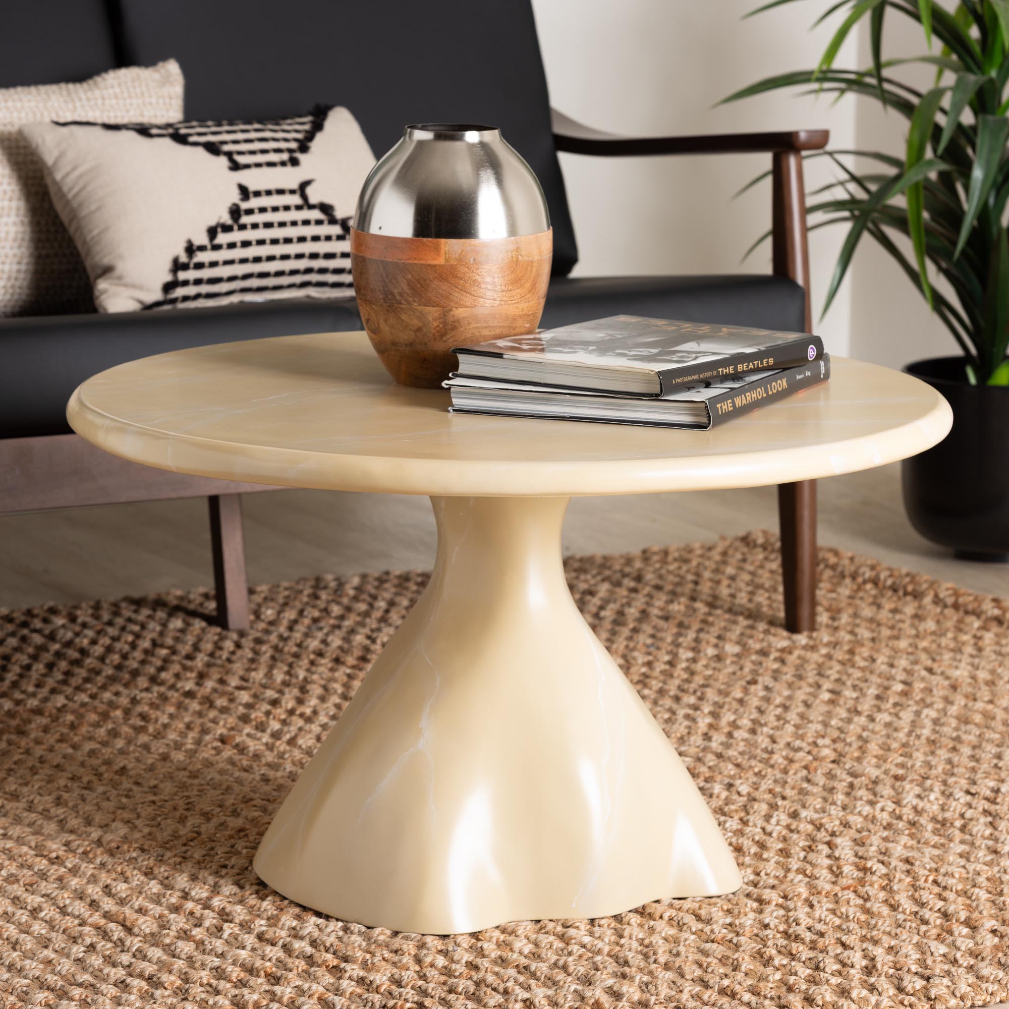 Aponi Marbled Resin Coffee Table - Sculptural Center Table with Round Top and Pedestal Base, Modern Contemporary Statement Furniture, Cream